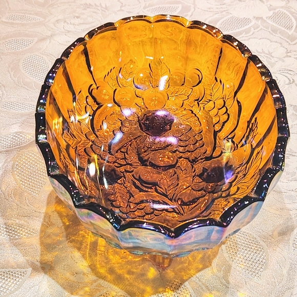 VTG Amber Iridescent, Footed Oval Indiana Carnival Glass, Harvest Fruit Bowl - Picture 5 of 9